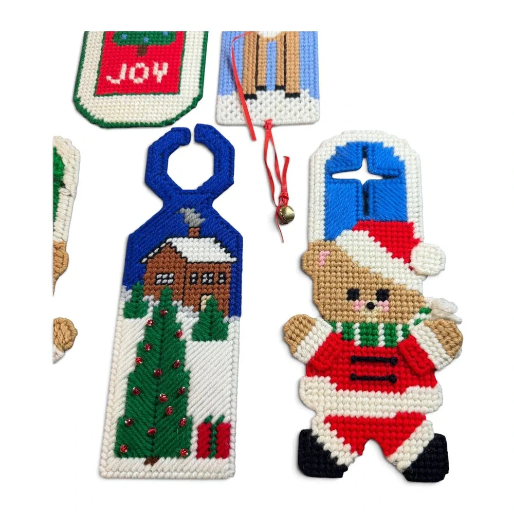 Vintage Handmade Needlepoint Christmas Door Hangers Set of 5
